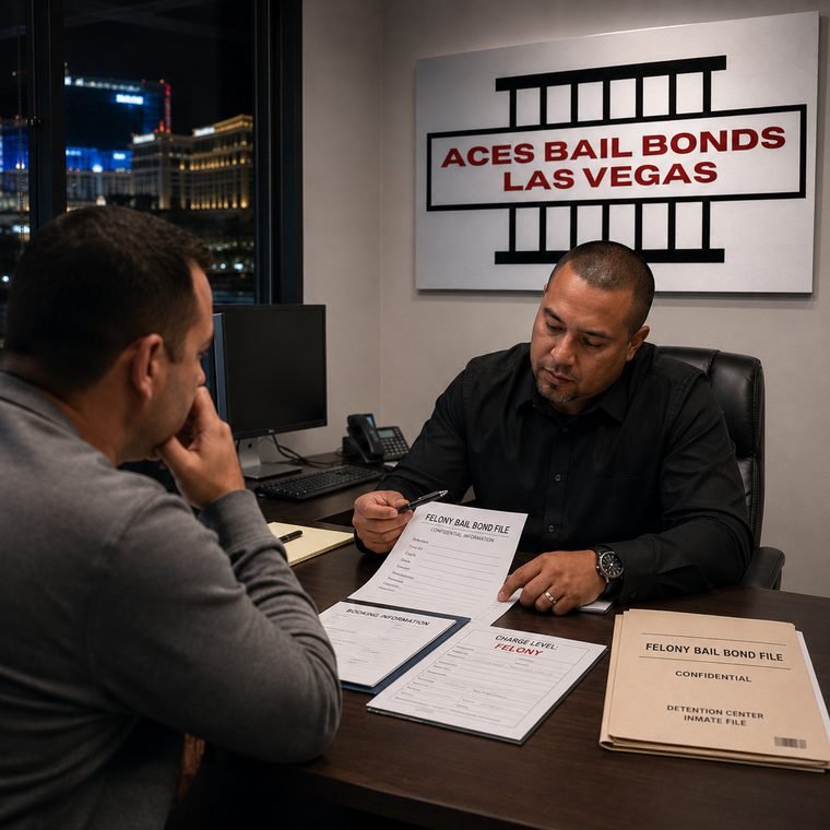 An Aces bail agent reviews case information with a client at the Las Vegas office.